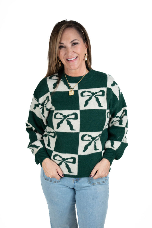 Green Color Block Bow Sweater