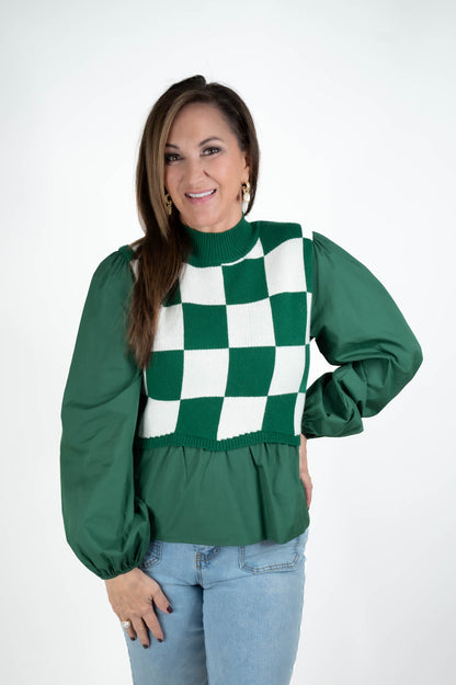 Hunter Green Checkered Peplum Top