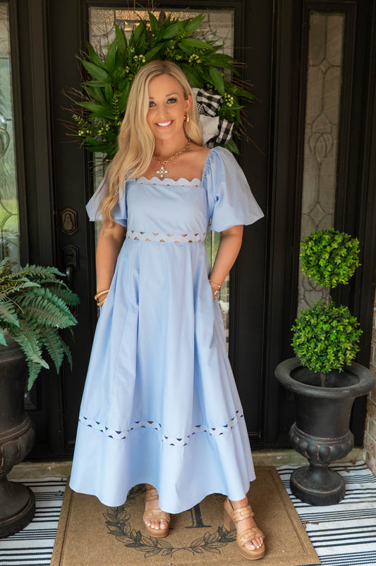 Blue Puff Sleeve Midi Dress