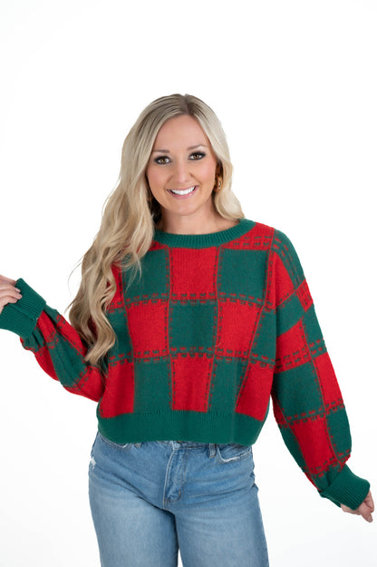 Red/Green Checkered Crop Sweater