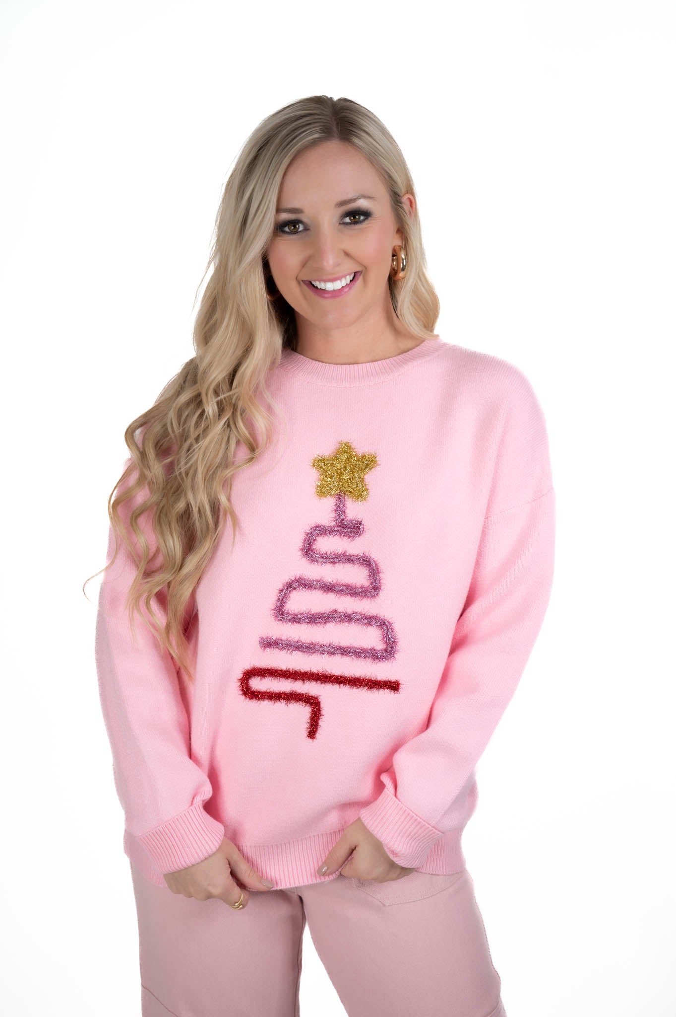 Pink Sparkle Christmas Tree Patch Sweater