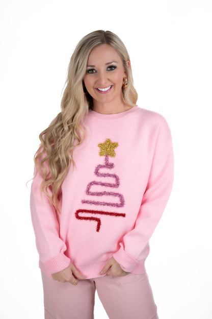 Pink Sparkle Christmas Tree Patch Sweater