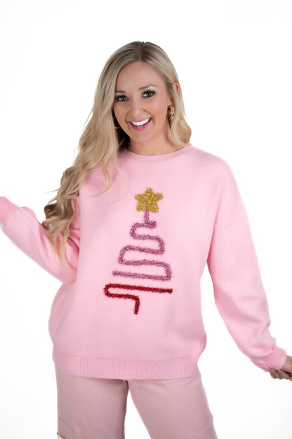 Pink Sparkle Christmas Tree Patch Sweater