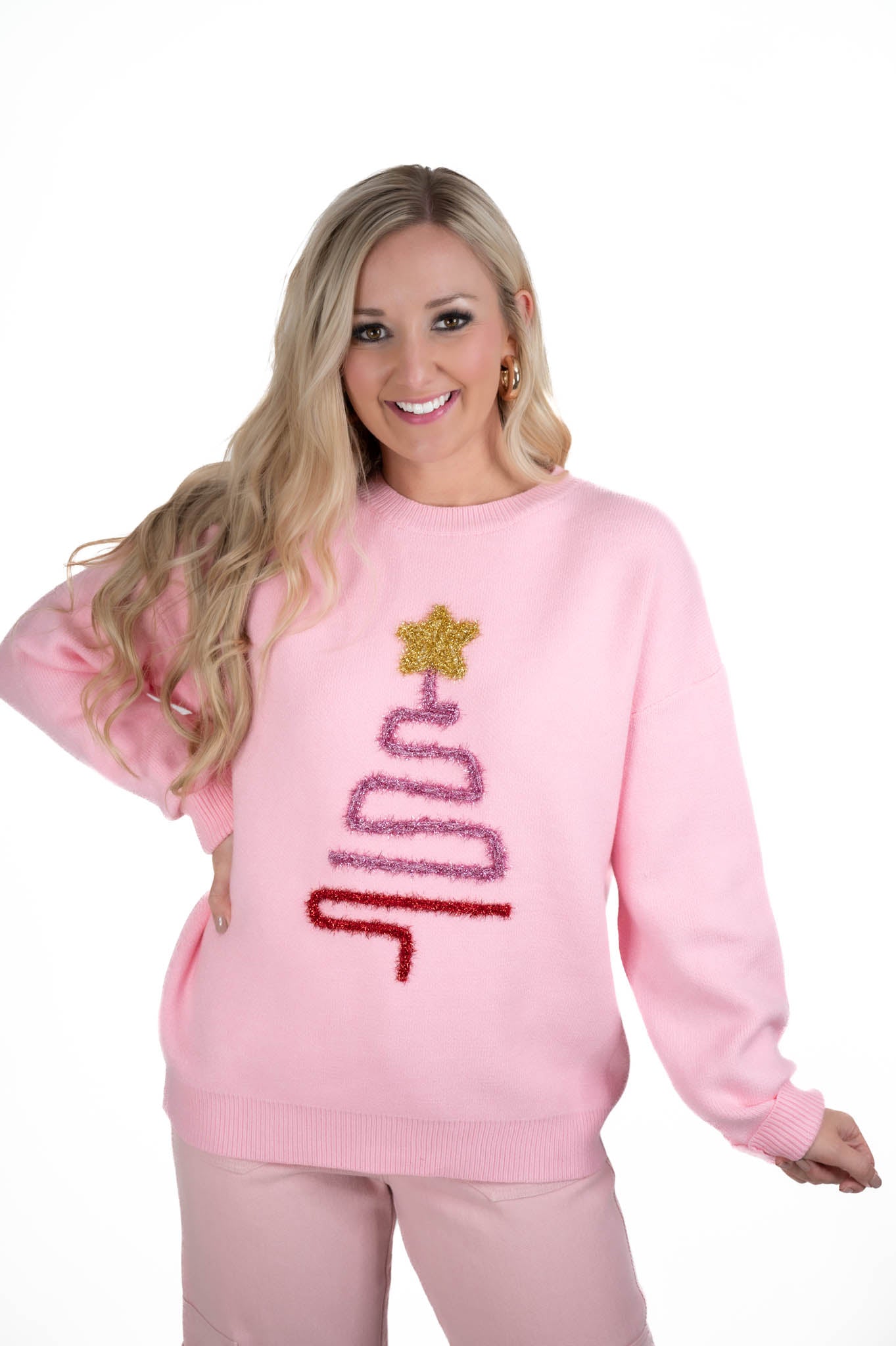 Pink Sparkle Christmas Tree Patch Sweater