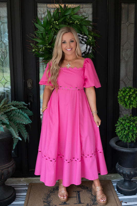 Pink Puff Sleeve Midi Dress