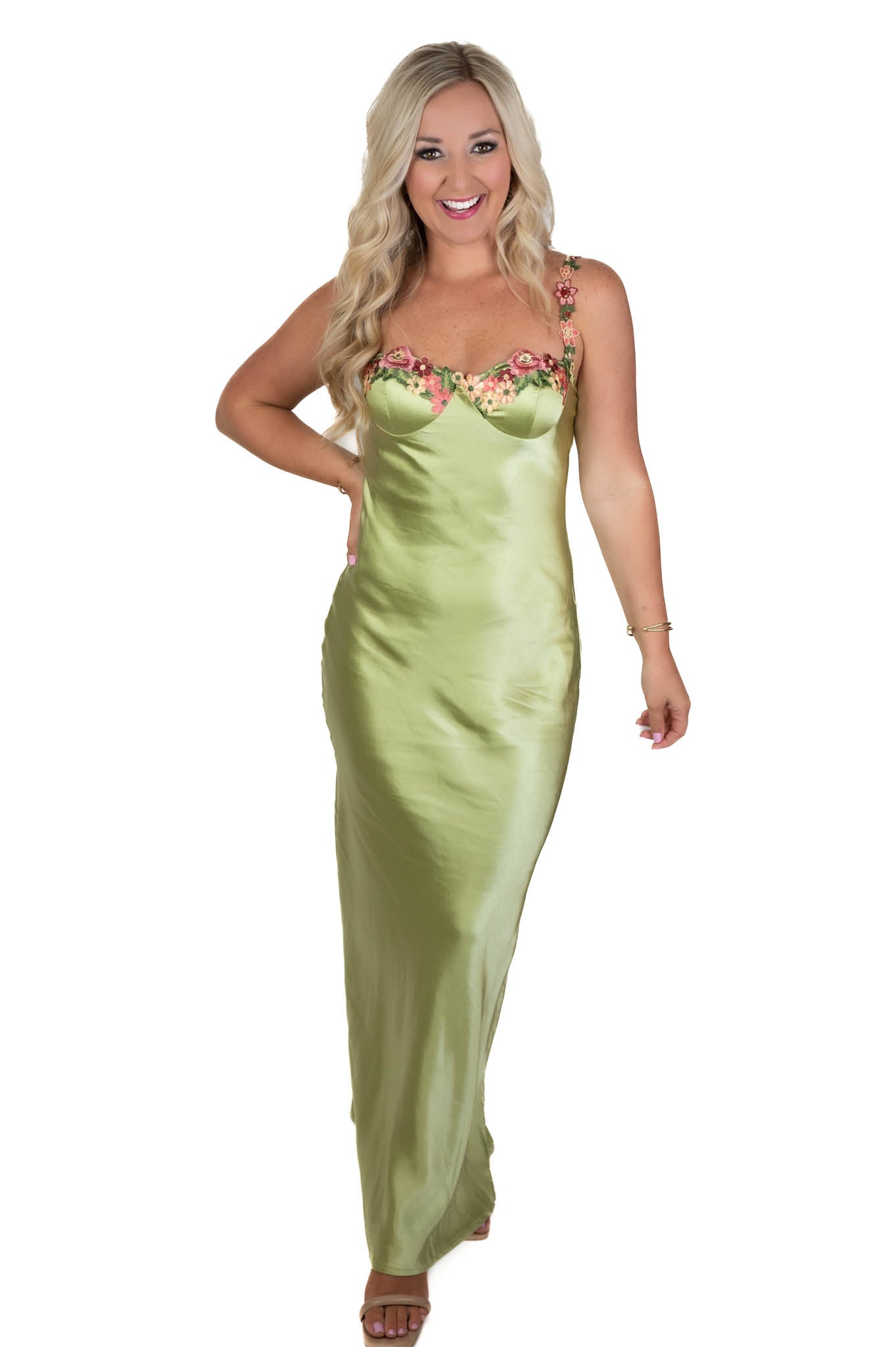 Romance Floral Lime Green Satin Maxi Dress