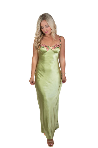 Romance Floral Lime Green Satin Maxi Dress