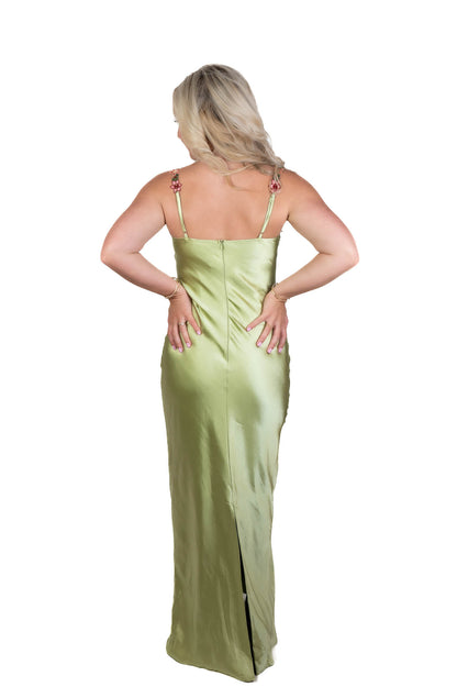 Romance Floral Lime Green Satin Maxi Dress