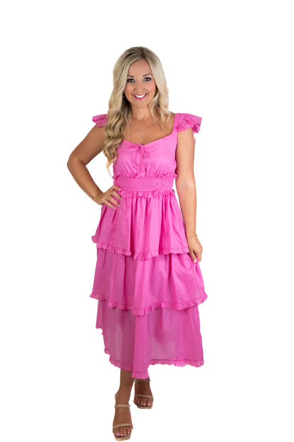 A Better Place Pink Ruffled Midi Dress