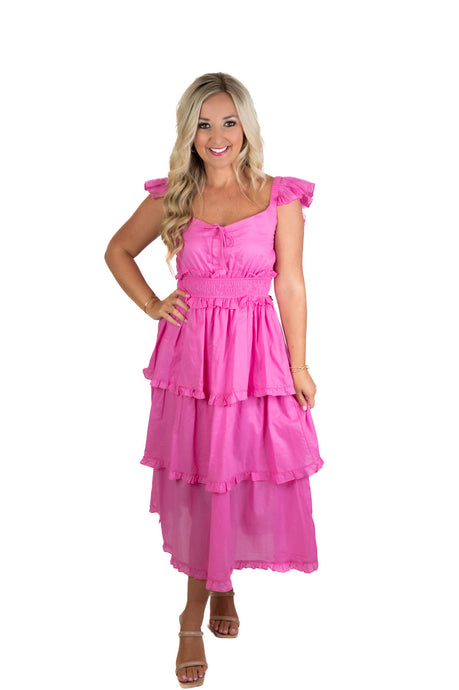 A Better Place Pink Ruffled Midi Dress