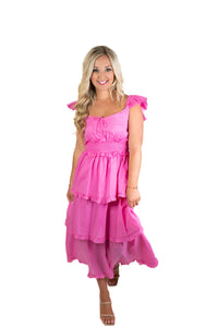 A Better Place Pink Ruffled Midi Dress