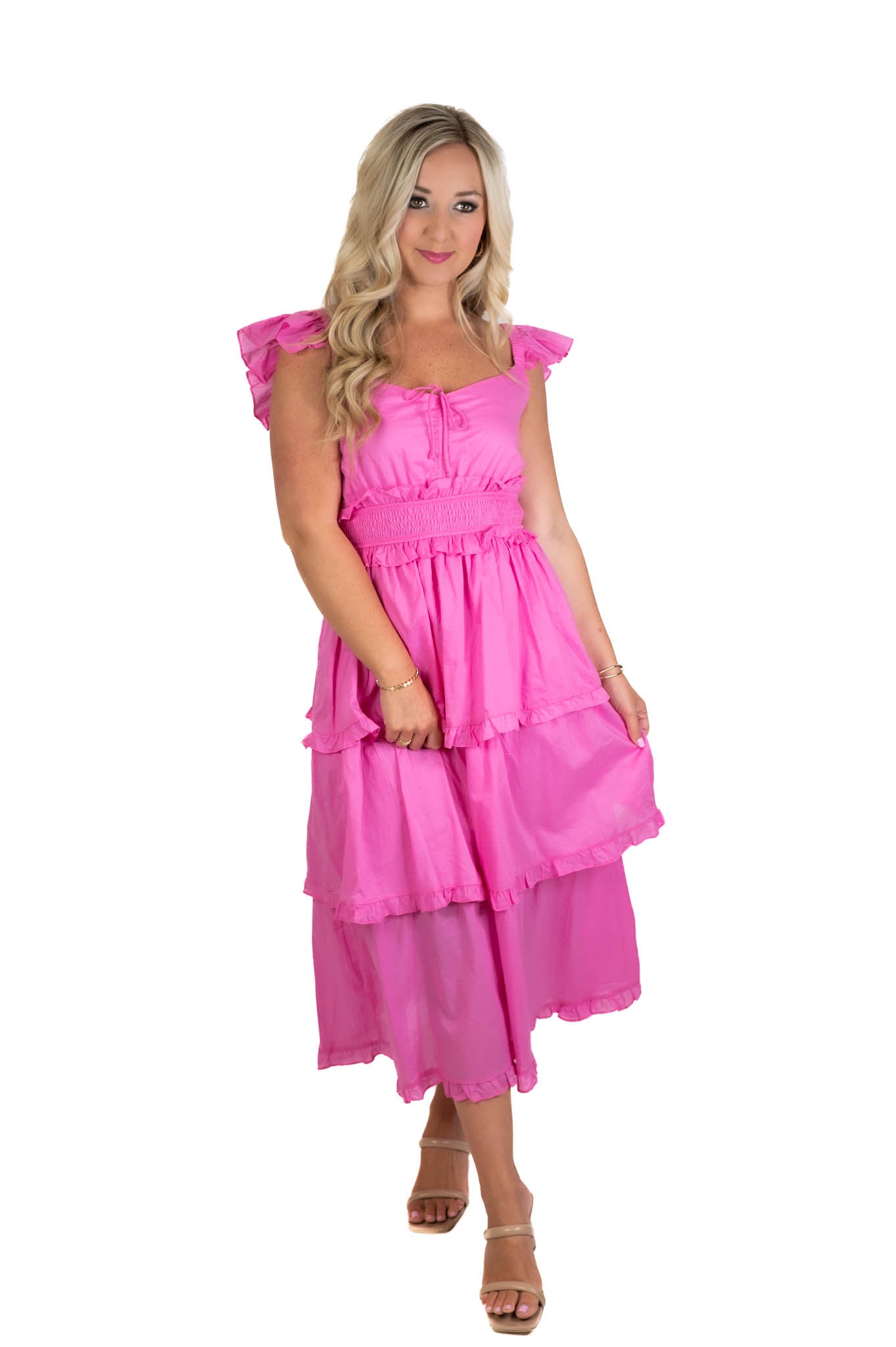 A Better Place Pink Ruffled Midi Dress