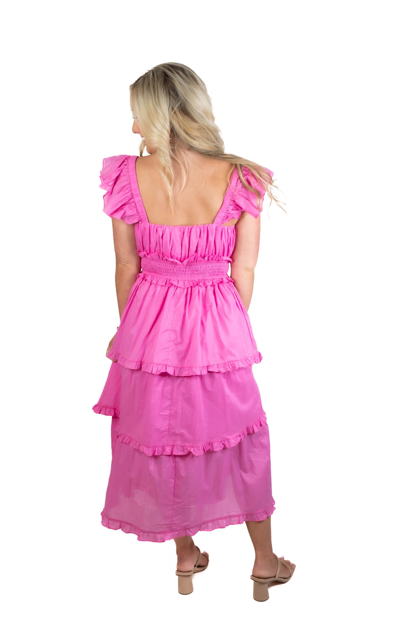 A Better Place Pink Ruffled Midi Dress