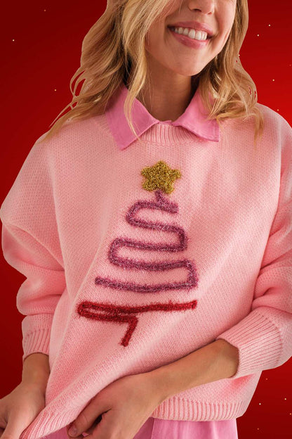 Pink Sparkle Christmas Tree Patch Sweater