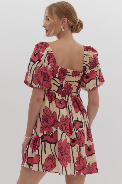 Red Floral Puff Sleeve Dress