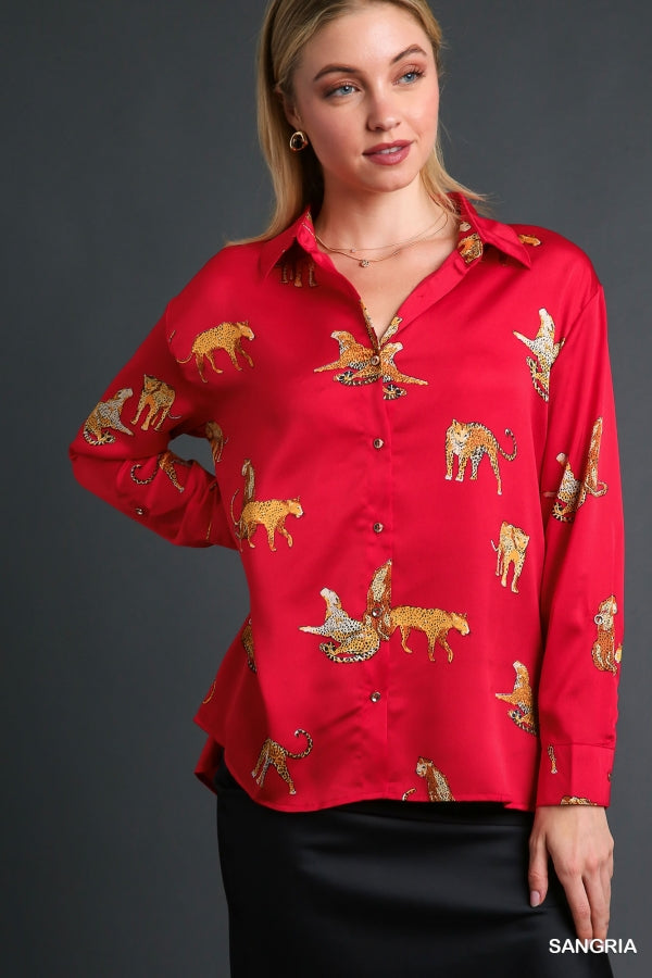 Red Satin Animal Print Top