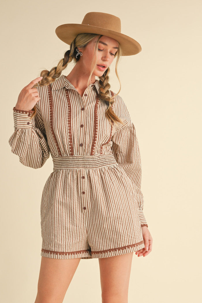 Brown Scalloped/Striped Romper