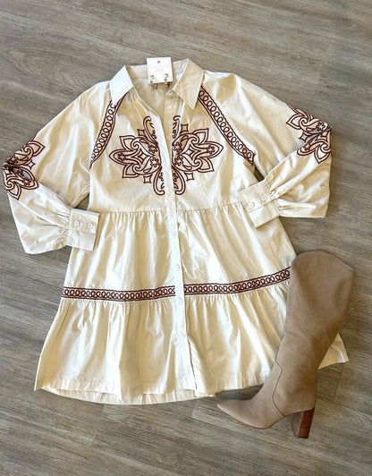 Ecru & Brown Embroidered Button Down Dress