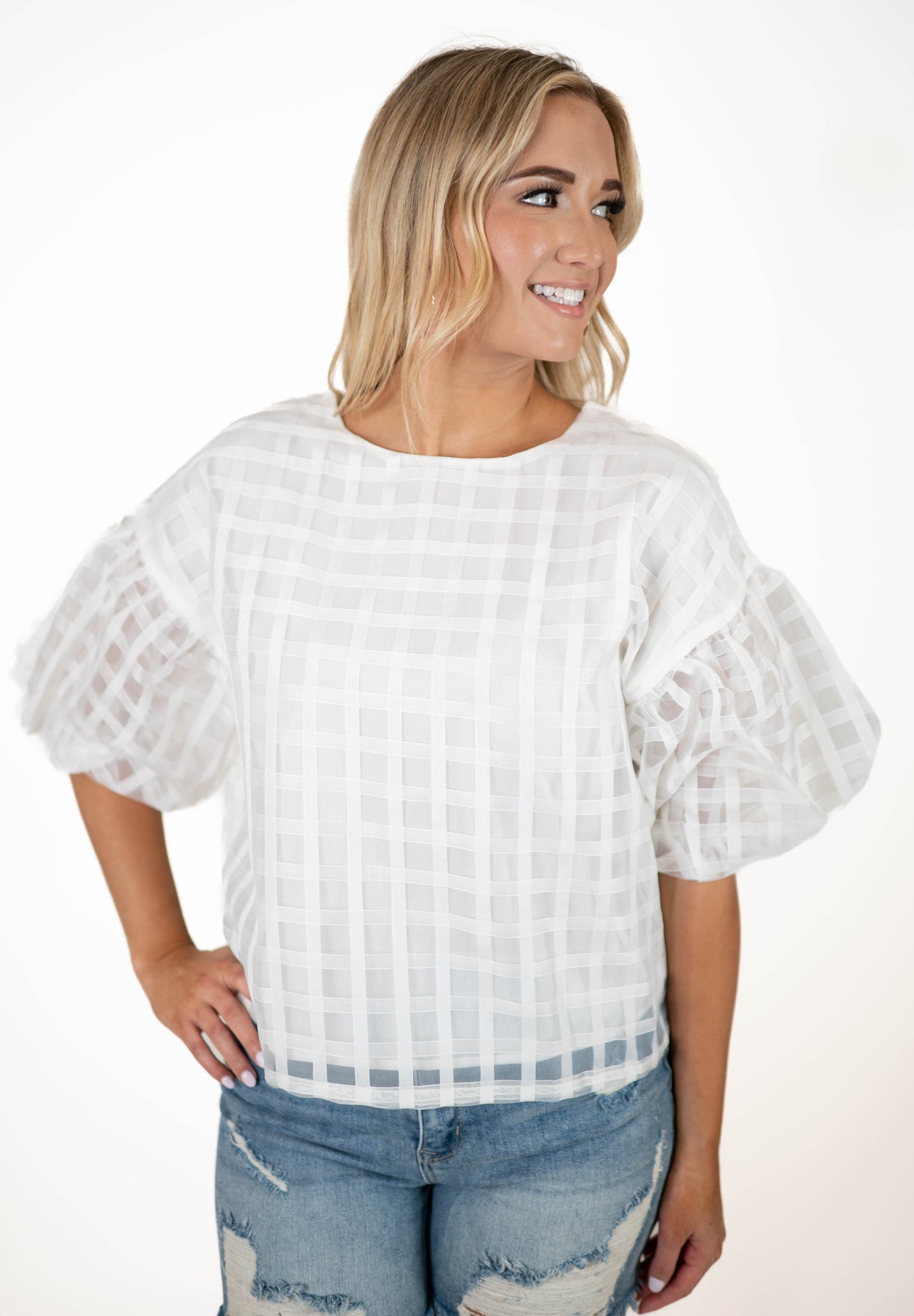 White Top Checkered Puff Sleeve Top