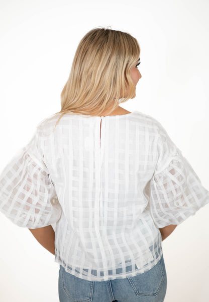 White Top Checkered Puff Sleeve Top