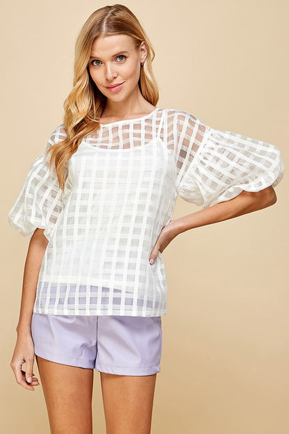 White Top Checkered Puff Sleeve Top