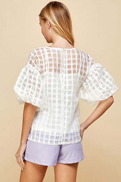 White Top Checkered Puff Sleeve Top